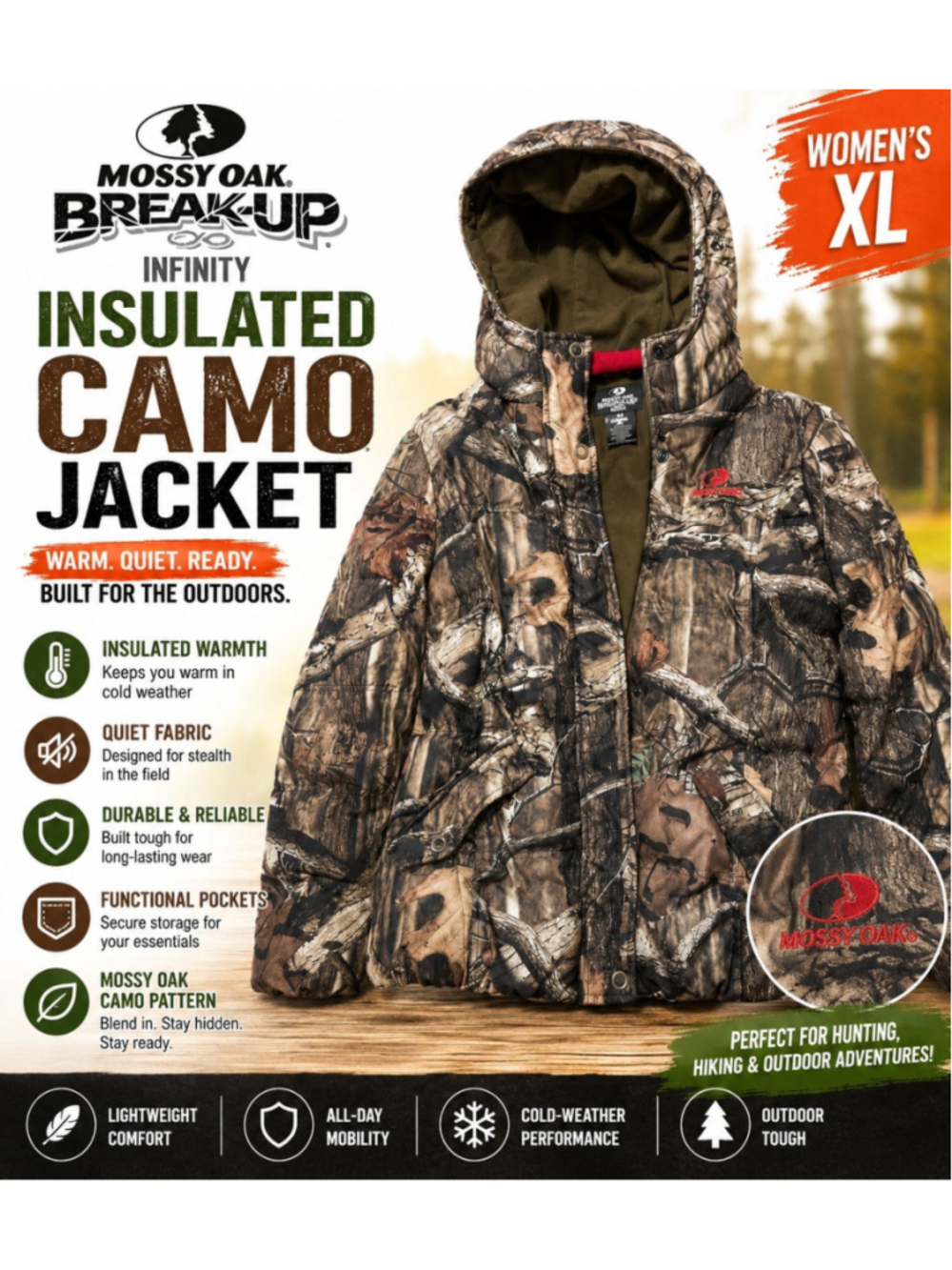 Mossy Oak Break-Up Infinity Women's XL Hooded Insulated Camo Hunting Jacket Coat